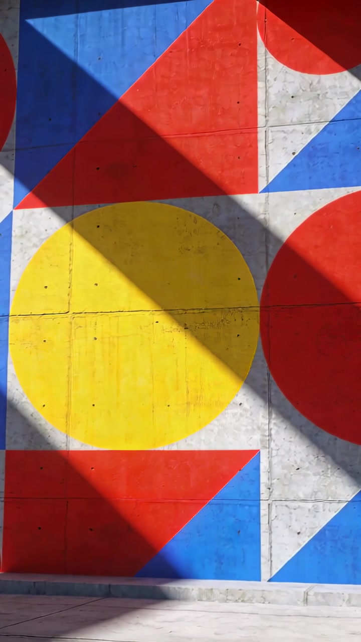 Video vertical: Mostrando un mural pintado a color, el sol proyectando una sombra inclinada y la cámara moviéndose en una plaza.