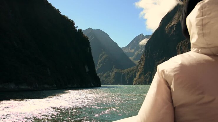 Milford Sound, Neuseeland: Fjordkreuzfahrt aus der Perspektive eines Touristen.