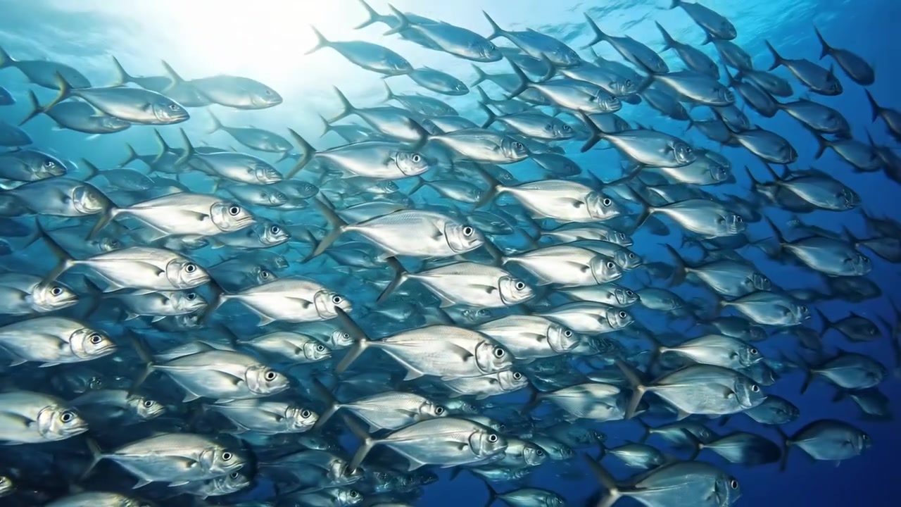 Large School of Silver Fish Swimming in Blue Ocean Water