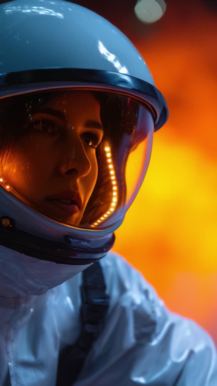 Un astronauta decidido mira fijamente en medio de un telón de fondo ardiente, mostrando la combinación de coraje y tecnología en la exploración espacial y la búsqueda del conocimiento.