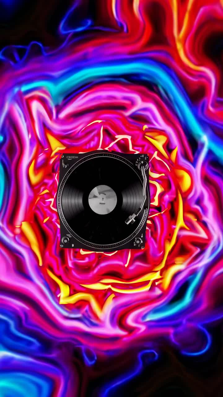 Vista dall'alto di un giradischi su uno sfondo astratto vibrante e vorticoso, ideale per un video musicale