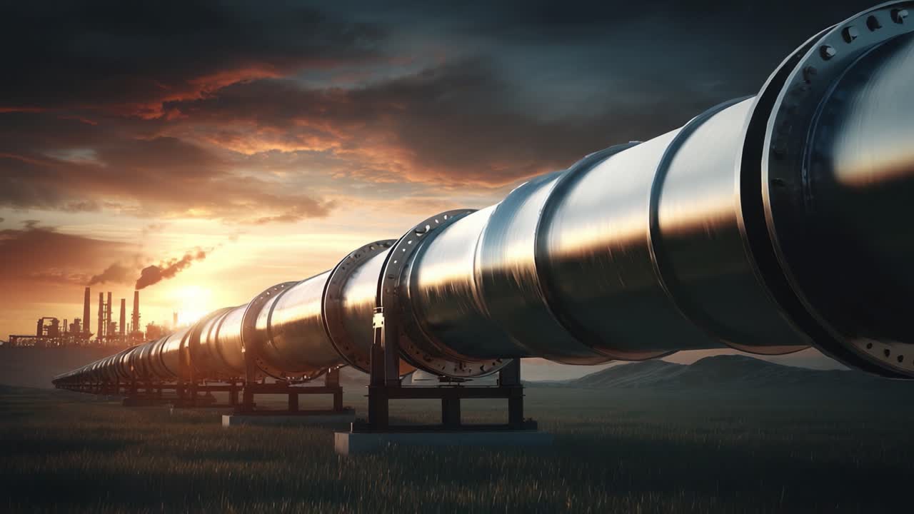 Una vista impresionante de una tubería industrial al atardecer, resaltando las superficies metálicas relucientes y el telón de fondo de un paisaje expansivo con siluetas de fábricas.