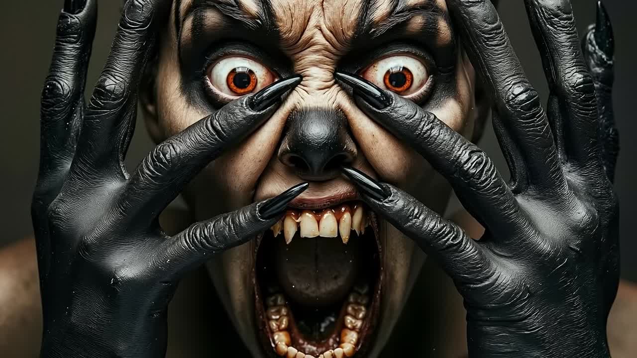 A close up of a person with black gloves covering their face with their hands