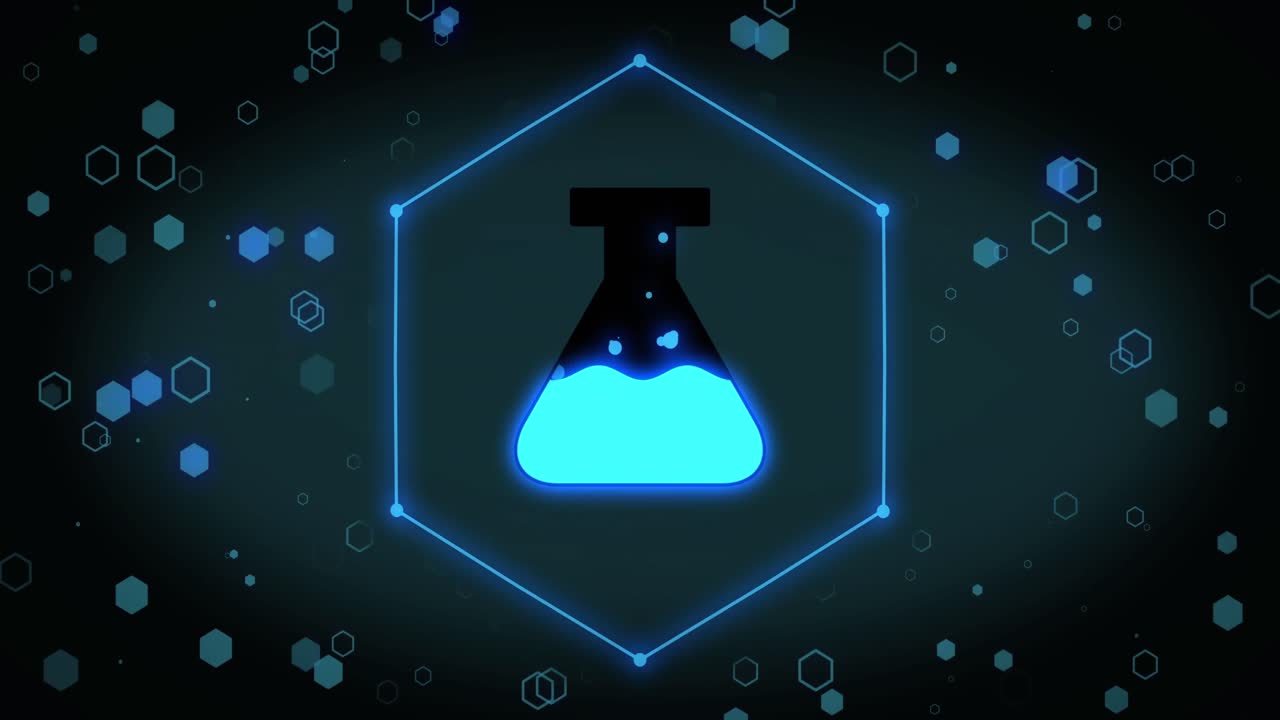 검은색 배경에 육각형 위에 비커 아이콘의 애니메이션