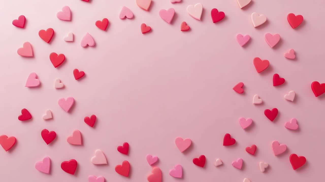 Molti cuori rosa si muovono verso l'interno con cornici che avanzano per formare una ghirlanda circolare sulla superficie rosa