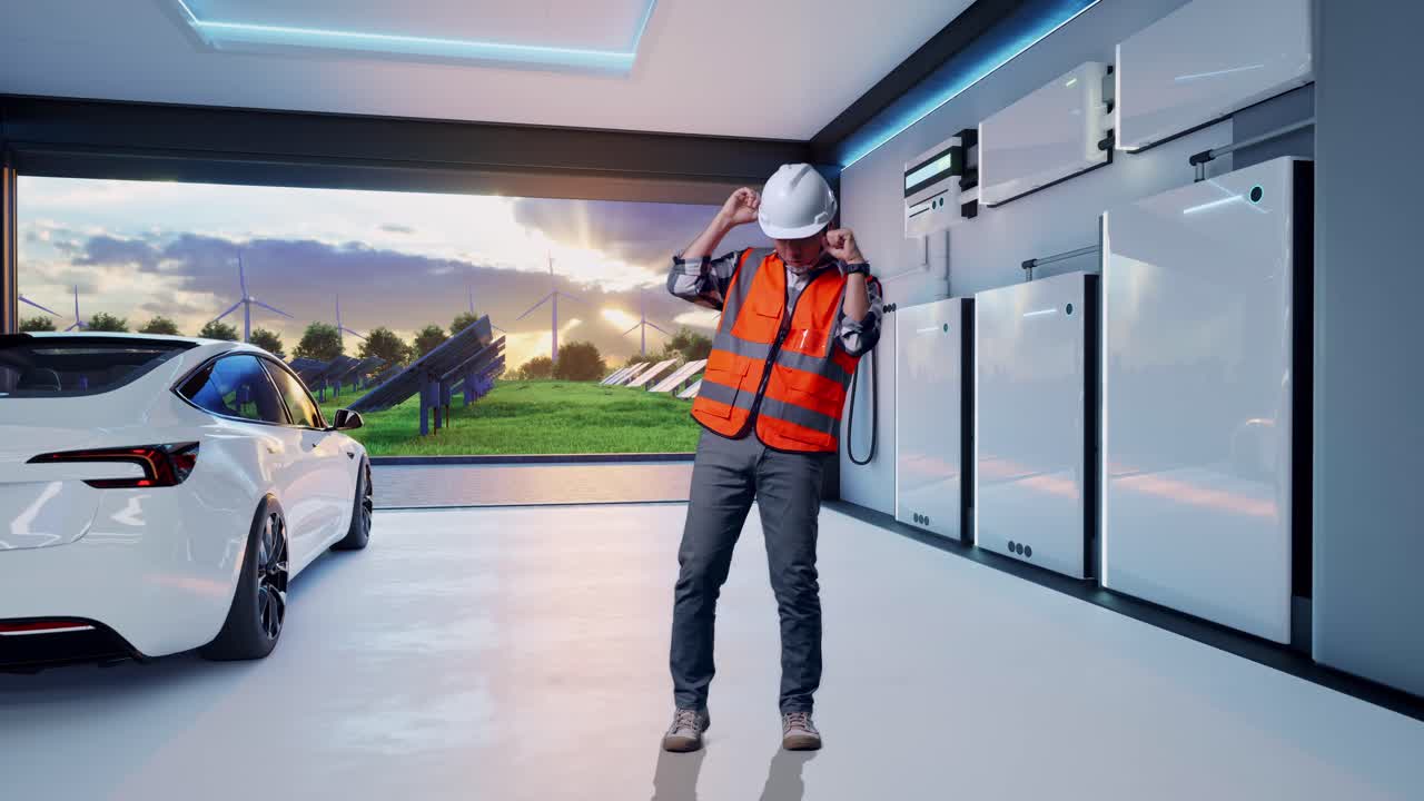 Full Body Of Asian Male Engineer With Safety Helmet Screaming Goal And Dancing Celebrating With Home Energy Storage System In a Modern Garage