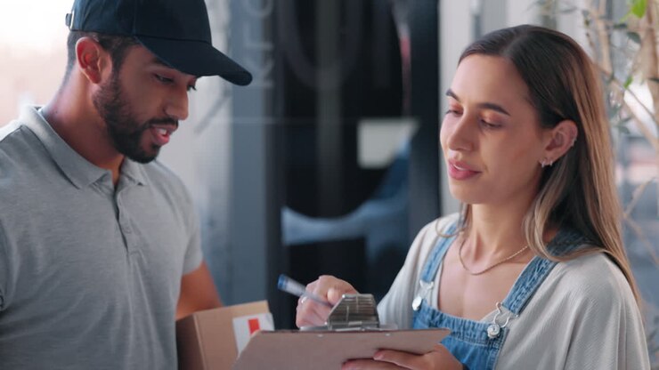 Delivery, signature and courier with people