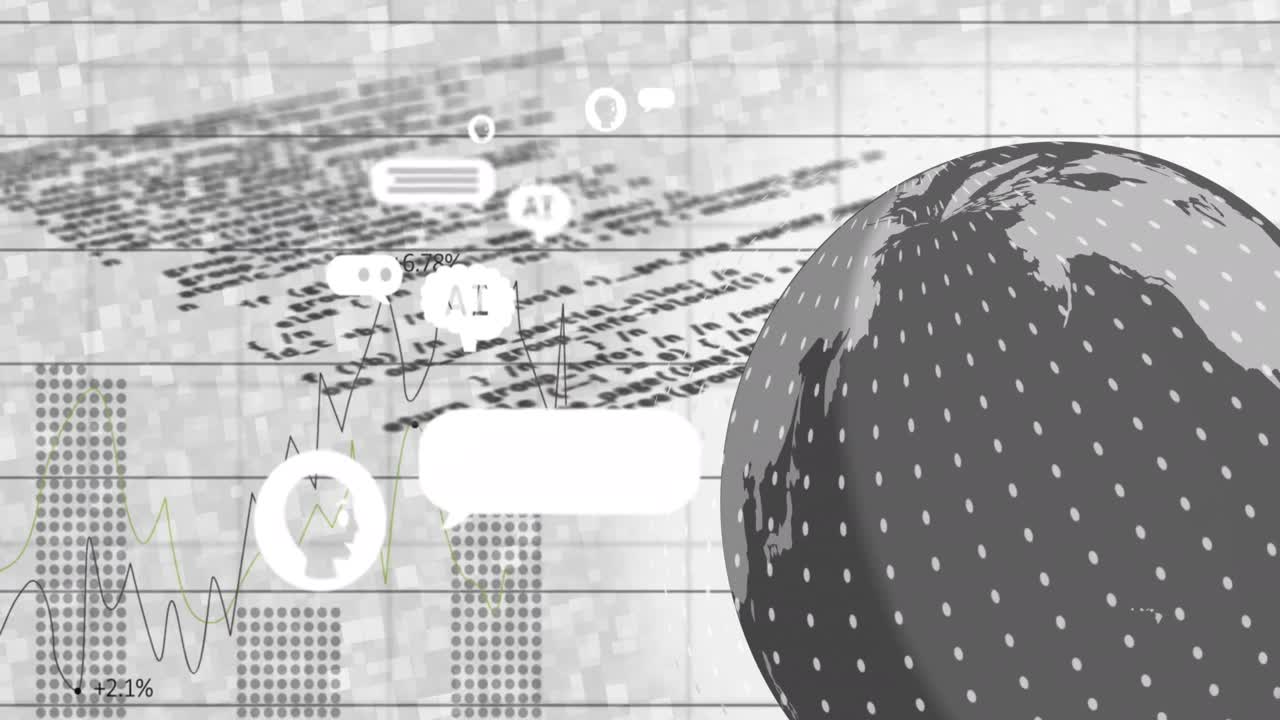 전 세계 데이터 처리, 채팅, 통계 및 아이콘의 애니메이션