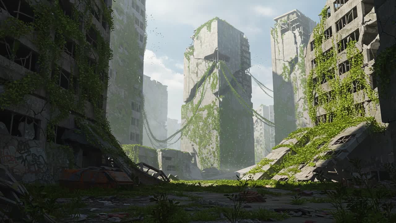 A Serene Yet Eerie Landscape of Overgrown Urban Ruins: Nature Reclaiming Abandoned Buildings in a Post-Apocalyptic Environment