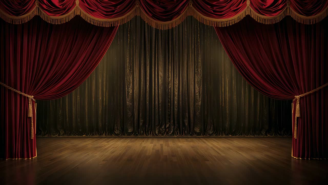 Sipario di velluto rosso che si apre rivelando un vuoto nero sul palco, scoprendo il pavimento in legno che prepara lo spettacolo