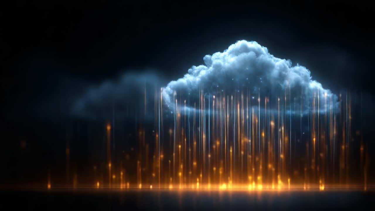 A mesmerizing visual representation of a cloud emitting streams of light and energy, creating a stunning contrast of colors against a dark backdrop, symbolizing creativity and inspiration