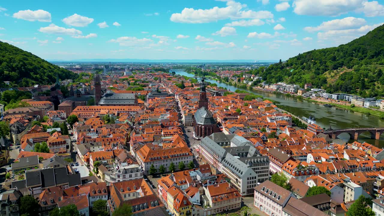 4K Aerial Drone Video of the Beautiful Homes with Red Terracotta Tile Roofs along the Neckar River in Heidelberg, Germany