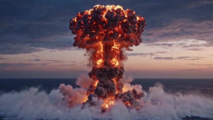 An Explosive Transformation Amidst the Ocean: A Tidal Wave of Fire and Smoke Unleashes Nature's Fury in a Pyroclastic Display of Power