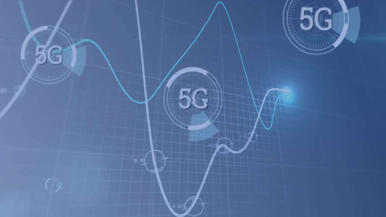 animación de texto y procesamiento de datos 5g sobre fondo azul