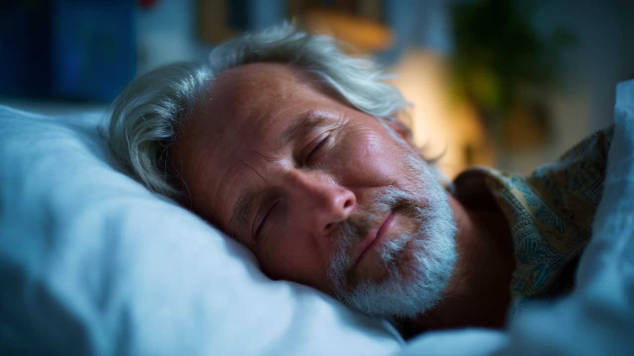 En rolig søvn: Indfang de fredfyldte udtryk hos en mand i dyb søvn midt i en hyggelig soveværelsesindstilling med blød belysning og rolig atmosfære