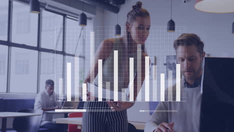 business people working in office with bar graph animation over them