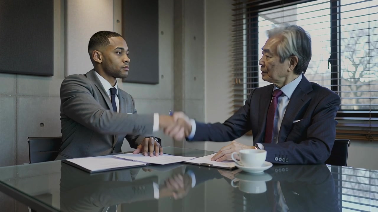 Signing left man in gray suit sealing agreement by signing clipboard, shaking hands in meeting room