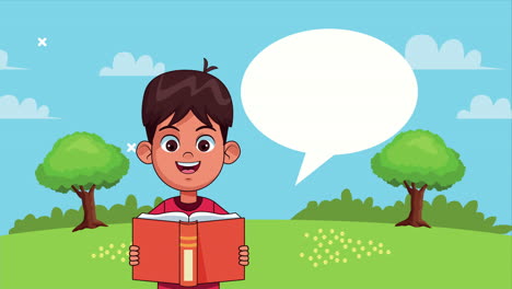 little student boy reading book in the park animated character