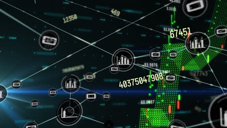 Animation-Verbundener-Symbole,-Sich-ändernder-Zahlen-Und-Diagramme-Auf-Schwarzem-Hintergrund