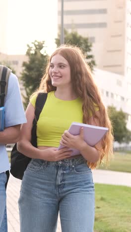 Teenager student girl walking and talking