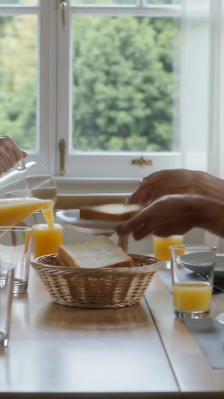 Vertical video: Pouring senior man in sweater serving juice at home in morning, bread, copy space