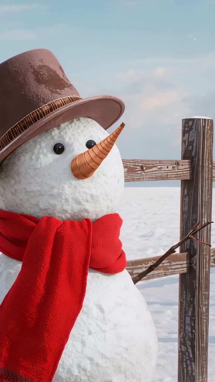 Vertical video: Panning camera revealing snowman on snowy plain, felt hat, twig arm and carrot nose