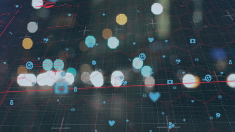 animation of network of medical icons against blurred view of night city traffic