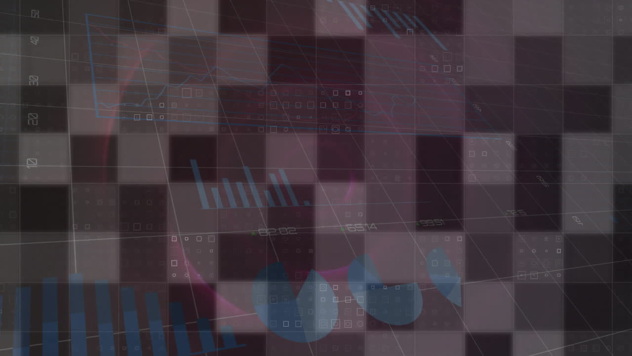 Interface displaying translucent grid with value labels bar charts line graphs purple wave streaks