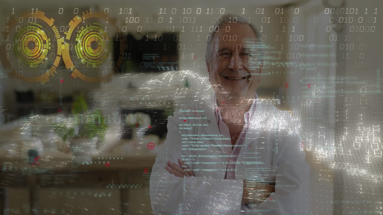 A scuola, uomo anziano in camice da laboratorio che analizza la tecnologia di animazione digitale