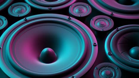 Vibrating-speaker-membranes-stacked-in-an-endless-loop.-Lit-by-soft,-moody-studio-lights.-Powerful,-modern-kind-of-midrange,-subwoofer-and-twitter-loudspeakers-vibrate-in-even,-pulsating-frequencies.