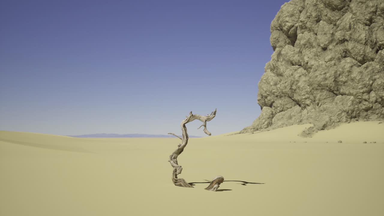 Twisted tree trunk in desert landscape under clear blue sky