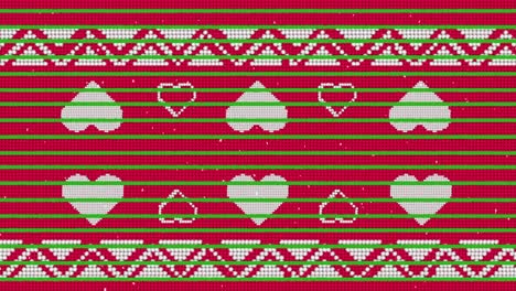 rayas verdes y nieve cayendo sobre iconos de corazón en el patrón tradicional de navidad sobre fondo rojo