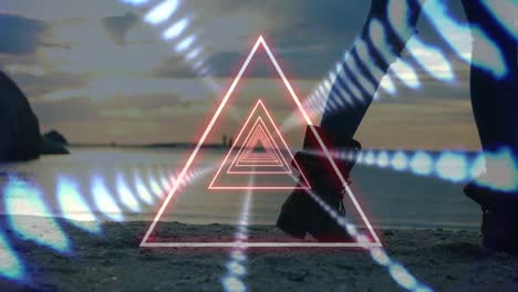 Animation-of-neon-shapes-over-woman-walking-at-beach