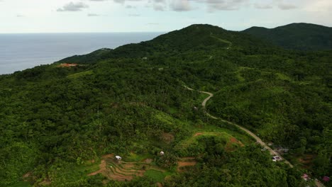 philippine rural countryside and winding roads surrounded by lush tropical forest and hills at island catanduanes, philippines - aerial drone shot