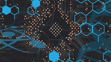 Animation of chemical formula over computer circuit board on black background