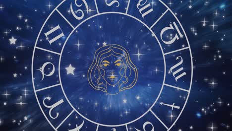 Animation-of-virgo-star-sign-symbol-in-spinning-horoscope-wheel-over-glowing-stars