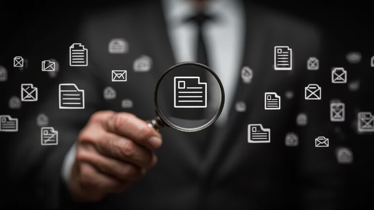 Una figura professionale in giacca e cravatta tiene in mano una lente d'ingrandimento, enfatizzando documenti dettagliati, file digitali ed elementi di comunicazione su uno sfondo scuro