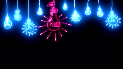 animación de luz. azul neón y pequeño, contornos parpadeantes de bombillas. contornos rojos y brillantes con la inscripción de la palabra idea en el medio de ella. fondo negro