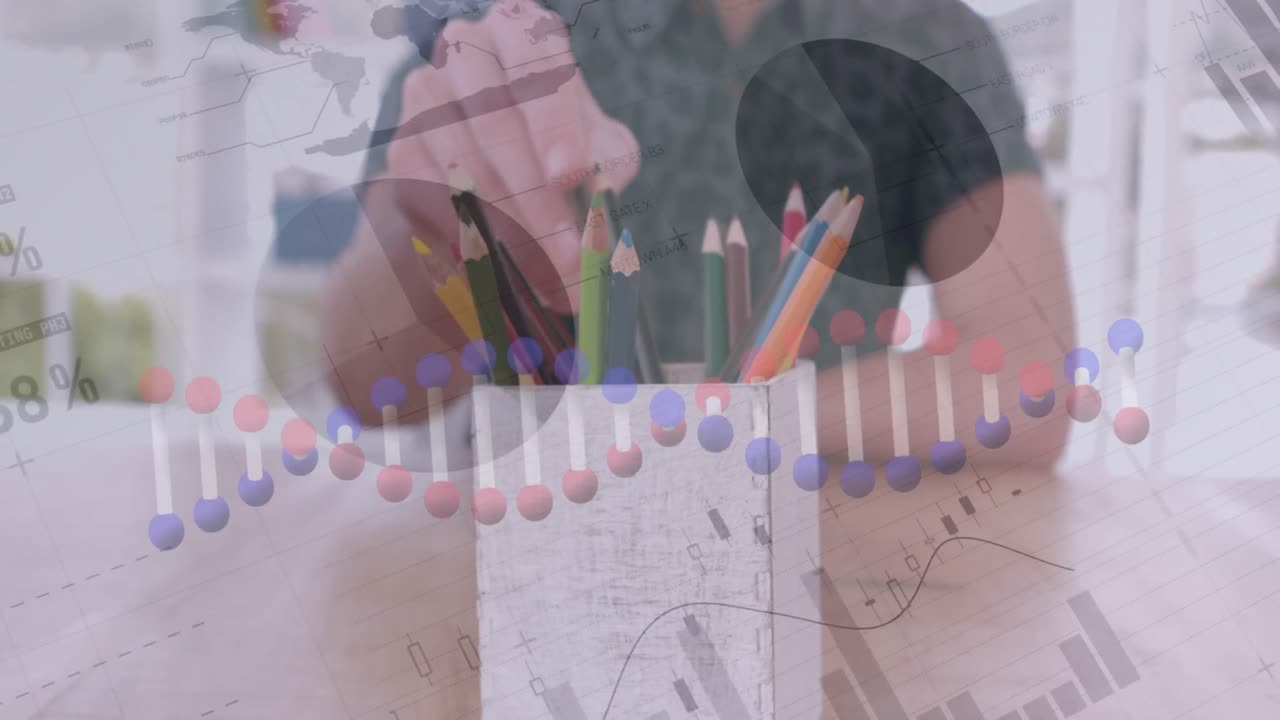 dna 가닥의 애니메이션, 통계 및 데이터 처리 사무실에서 컬러 연필을 사용하는 사람들에 대한