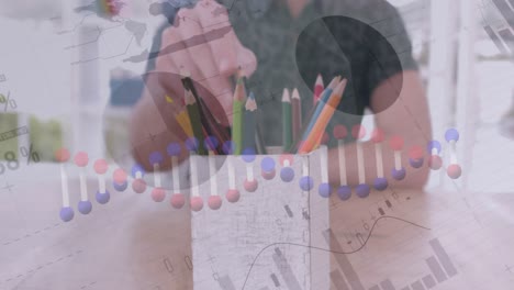 animación de cadenas de adn, estadísticas y procesamiento de datos sobre personas que toman lápices de color en la oficina