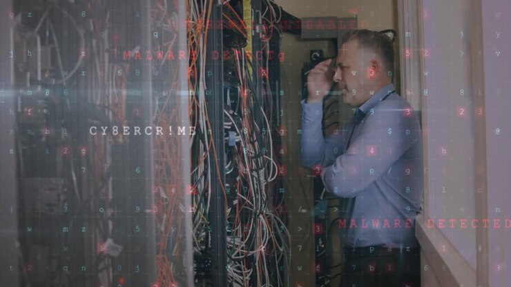 Animation of data processing with cyber attack warning over technician and computer servers
