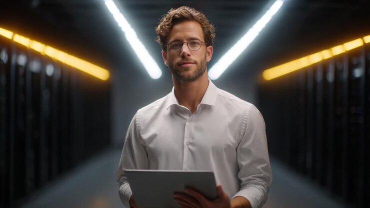 Confident professional man stands in a modern server room, holding a laptop and looking directly at the camera, illuminated by bright lighting in the background