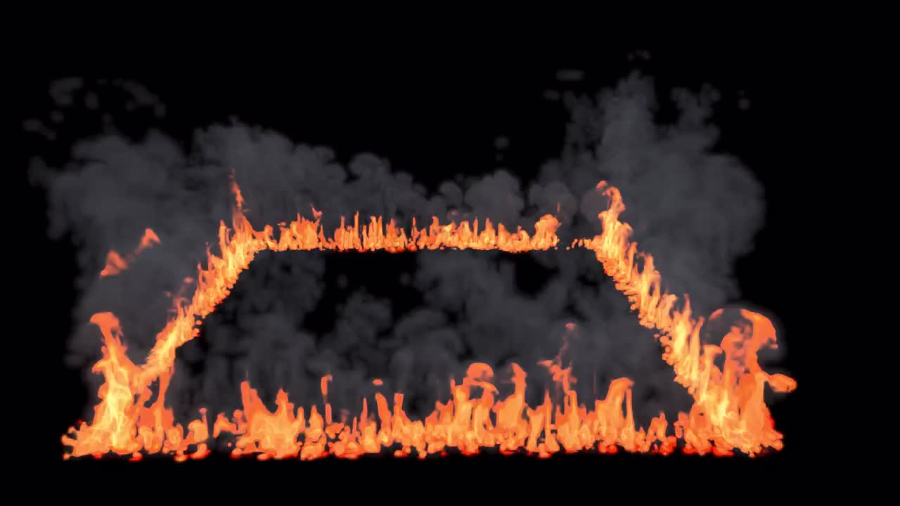Quadrato di fuoco che si forma gradualmente su sfondo trasparente