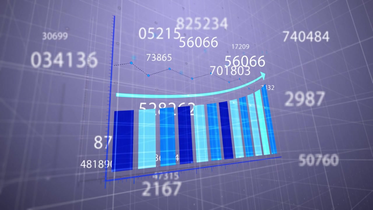 Dataflöde startar, ett 3D-stapeldiagram byggs med trådramsstaplar som visar en stigande trend och bågar som indikerar affärstillväxt.