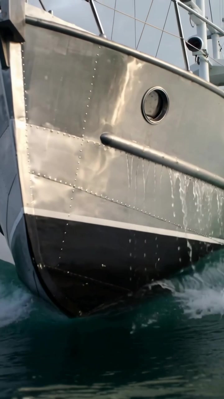 Vertical video: Cutting steel bow nearing camera in open sea to continue voyage revealing porthole