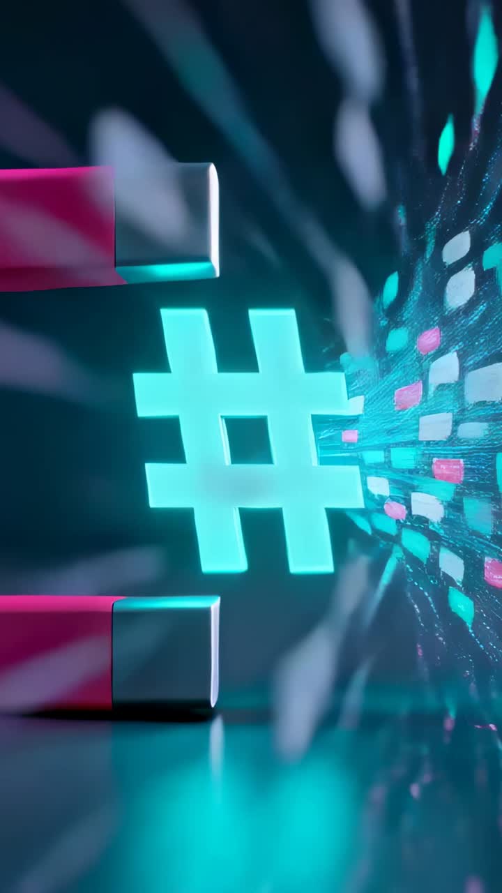 Vidéo verticale : Bulles s'écoulant vers la gauche, formant un croisillon cyan, attirées par un aimant en U en studio, avec espace de copie.