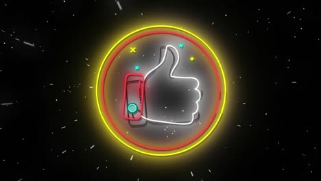 animation of flickering neon digital thumbs up like icon in a glowing circle