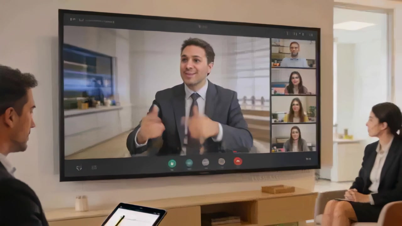 Reacting to host calling in, three in suits watching display in office lounge, man tapping tablet