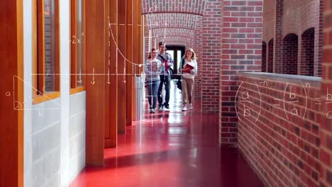 Animation-of-math-formulas-over-diverse-students-talking-and-walking-on-school-corridor