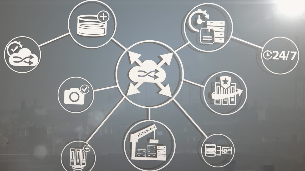 animación de iconos conectados con líneas sobre llamaradas de lentes y vista borrosa del paisaje urbano moderno